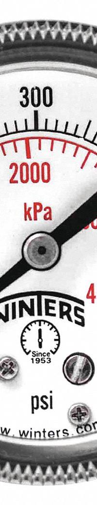 WINTERS Panel-Mount Pressure Gauge: U-Clamp, 0 psi to 600 psi, 2 in Dial, 1/8 in NPT Male, P9U 90, 5 (MPN P9U901446UC). Key specifications — Accuracy: ±2-1-2%; Brand: WINTERS; Vibration Resistance Properties: None; Gauge Wetted Parts: Brass / Bronze.