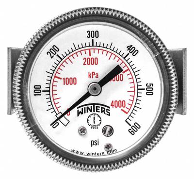 WINTERS Panel-Mount Pressure Gauge: U-Clamp, 0 psi to 600 psi, 2 in Dial, 1/8 in NPT Male - U-Clamp Panel-Mount with Brass/Bronze Wetted Parts