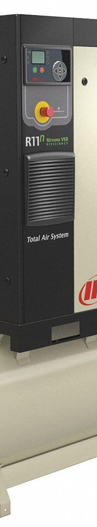 INGERSOLL RAND Rotary Screw Air Compressor: Horizontal, 15 hp, 50.4 cfm, 120 gal Tank, 460V AC (MPN R11I-A135-TAS/120-460-3). Key specifications — attr48606: Three; attr48593: 460V AC; attr48578: INGERSOLL RAND; attr110305: Included.