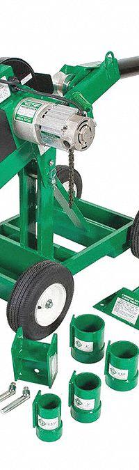 GREENLEE Cable Puller: Floor Mount/Wheeled, 6,500 lbf Max Force, 17 fpm Max Speed, 5 ft Boom Lg (MPN 6004). Key specifications — attr534121: Wheeled; attr534134: 120V AC; attr531753: GREENLEE.