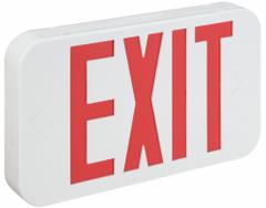 Exit Sign: Emergency Battery Backup, LED, White, Red, 1 or 2 Faces, Ceiling/Wall, Nickel Cadmium (MPN CER). Key specifications — Voltage: 120/277 V AC; Directional Indicators: Universal Field Selectable Chevrons; Text Color: Red; Brand: COMPASS; Emergency Battery Backup: Yes; Housing Color: White; Lighting Technology: LED; Remote Capable: No.
