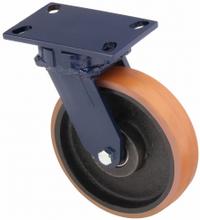 RWM Plate Caster: Swivel, Polyurethane, 8 in Wheel Dia, 2 in Wheel Wd, 10 1/8 in Mounting Ht, Ball (MPN 75-UIB-0820-S-INF). Key specifications — Wheel/Tread Color: Blue; Brand: RWM; Roll Up: Swivel.