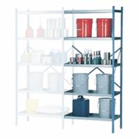 DENIOS Open Metal Shelving: Add-On Unit, Heavy-Duty, 18 in x 36 in, 84 in Overall Ht, 4 Shelves (MPN K32-1404). Key specifications — Frame Material: Steel; Shelving Material: Stainless Steel; Assembled: Unassembled; Color: Silver; Shelving Configuration: Add-On Unit; Brand: DENIOS.