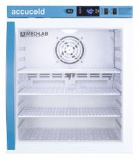 ACCUCOLD Lab Refrigerator: 1 cu ft, Tabletop, 2°C to 10°C, 19 3/4 in Overall Dp, Swing Glass, R-600a (MPN ARG1ML). Key specifications — Door Opening Style: Right; Color: White; Alarm Type: Door Ajar; Manufacturer Part Number: ARG1ML; Brand: ACCUCOLD; Product Type: Lab Refrigerator; Door Type: Swing Glass; Refrigerant Type: R-600a.