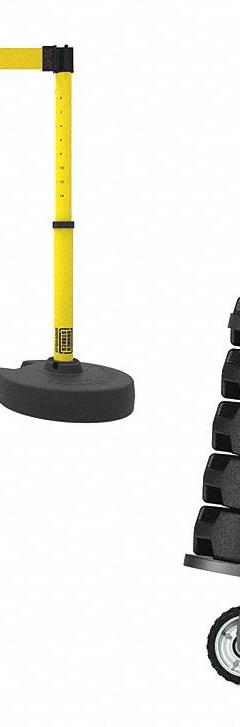 Belt Barrier System: 42 in Post Ht, 15 ft Belt Lg, Yellow, 5 No. of Posts, No Pattern, No Message (MPN PL4000-Y). Key specifications — Brand: BANNER STAKES; Base Shape: Round Flat; Belt Color: Yellow; Message: No Legend; Post Color: Yellow; Includes: (5) Retractable belts; Belt Type: No Pattern.