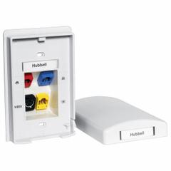 HUBBELL PREMISE WIRING Wall Plate: White, 1 Gang, 4 Port, Flat Module, Plastic, Vertical (MPN TPF1W). Key specifications — Brand: HUBBELL PREMISE WIRING; Material: Plastic; Color: White; Compatible Connector Type: Keystone Jack Modules; Outlet Orientation: Vertical; Module Style: Flat.