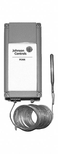 PENN Temperature Control: 0° to 190°F, Plastic, Fixed, 5+/-2°F, 120-277V AC Volt (MPN A19QSC-4C). Key specifications — Switch Type/Action: SPDT, Close on Rise; Temperature Control Range: 0° to 190°F; Temperature Differential: 5+/-2°F; Voltage: 120-277V AC; Capillary Length/Bulb Diameter: 20 ft Capillary, 2-1/2 in x 1/4 in Bulb; Brand: PENN; Differential Type: Fixed; Enclosure Material: Plastic.