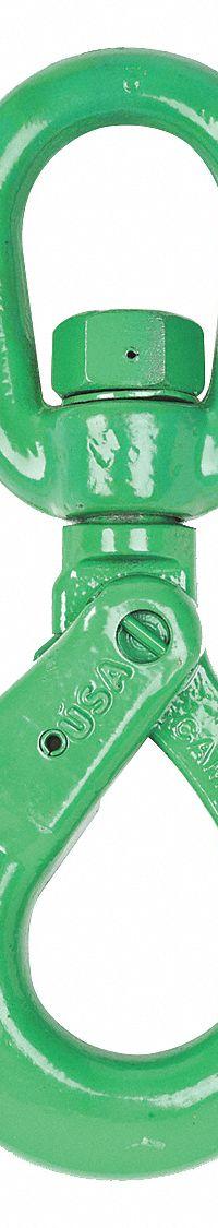 CAMPBELL Self-Locking Hook: 22,600 lb Working Load Limit, 100 Hook Grade, Alloy Steel, Swivel, Green (MPN 5799095). Key specifications — Color: Green; Brand: CAMPBELL; Visual Indicator Markings: None.