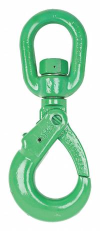 CAMPBELL Self-Locking Hook: 22,600 lb Working Load Limit, 100 Hook Grade, Alloy Steel, Swivel, Green (MPN 5799095). Key specifications — Color: Green; Brand: CAMPBELL; Visual Indicator Markings: None.