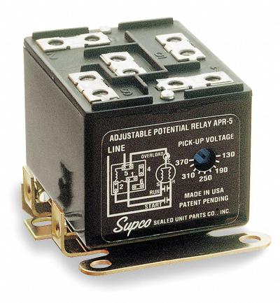 Supco Potential Relay: 110V AC to 270V AC Pick Up, Adj Drop Out, Adj, Any Position - Adjustable-Potential Relay