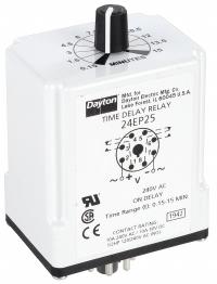 DAYTON Single Function Time Delay Relay: Socket Mounted, 240V AC, 10 A, 8 Pins/Terminals, On Delay (MPN 24EP25). Key specifications — Brand: DAYTON.