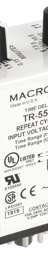 MACROMATIC Single Function Time Delay Relay: Socket Mounted, 120V AC/DC, 10 A, 8 Pins/Terminals (MPN TR-55122-14). Key specifications — Brand: MACROMATIC.