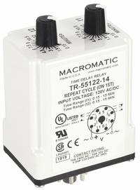 MACROMATIC Single Function Time Delay Relay: Socket Mounted, 120V AC/DC, 10 A, 8 Pins/Terminals (MPN TR-55122-14). Key specifications — Brand: MACROMATIC.