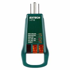 EXTECH Receptacle Tester: 110 V AC to 125 V AC, 5-15P, Std, Light, No Display (MPN ET16). Key specifications — Brand: EXTECH; CAT Safety Rating: Not Rated.