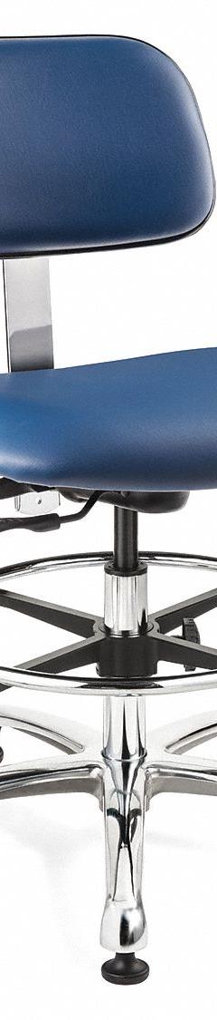 Cleanroom Task Chair: Vinyl, Armless, Ht Range 22 in to 32 in, 20 in Seat Wd, 17 in Seat Dp, ISO 6 (MPN 4551C3-BL). Key specifications — Foot Support: Yes; Back Tilt Backward: 15°; Back Tilt Forward: 11°; Base Material: Aluminum; Brand: BEVCO; Product Type: Cleanroom Task Chair; Cleanroom Class: ISO 6; Seat Tilt Backward: 6°.