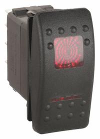 CARLING TECHNOLOGIES Lighted Rocker Switch: 3 Positions, DPDT, On/Off/On, Red (MPN VJD1D66B-ASC00-000). Key specifications — AC Contact Rating: 20A 12V; DC Contact Rating: 20 A @ 12 V; Horsepower: 1/2 hp @ 125 to 250 V; NEMA Enclosure Rating: No Enclosure; Operator Illumination: Illuminated; Switch Color: Red; Terminal Connection Type: Quick-Connect Tab Terminals; Includes Lamp Module: No Lamp Module Included.