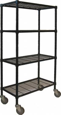 APPROVED VENDOR Wire Shelving Unit: 48 in x 24 in x 70 in, Dry, Split Sleeve, 4 Shelves, (4) Swivel (MPN 2HDK5). Key specifications — attr15738: Black; attr14157: Powder Coated; attr14150: Dry; attr14159: Square; attr5304: 4; attr14155: (4) Swivel; attr14158: Steel; attr14156: Polyurethane.