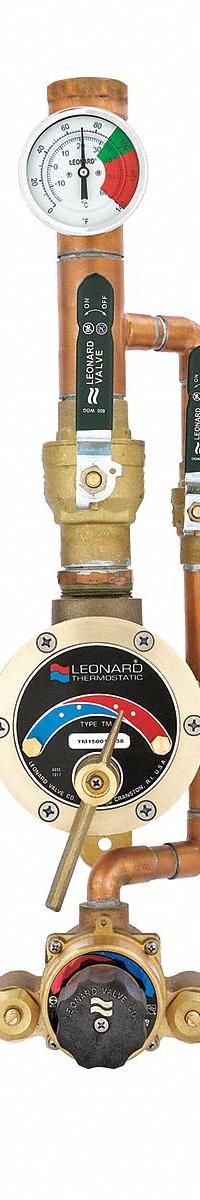 LEONARD VALVE Thermostatic Mixing Valve: 1 1/4 in Inlet Connection Size, NPT x NPT, Bronze (MPN TM-1520B-LF-DT-RF). Key specifications — Includes: Outlet Ball Valve Shutoffs; Brand: LEONARD VALVE.