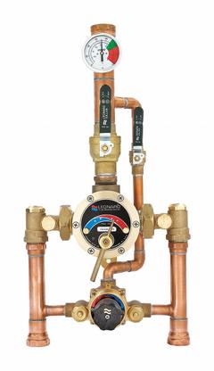 LEONARD VALVE Thermostatic Mixing Valve: 1 1/4 in Inlet Connection Size, NPT x NPT, Bronze (MPN TM-1520B-LF-DT-RF). Key specifications — Includes: Outlet Ball Valve Shutoffs; Brand: LEONARD VALVE.