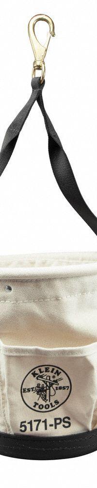KLEIN TOOLS Bucket Bag: 12 in H, Off-White, Canvas, 4 Pockets, Open Top (MPN 5171PS). Key specifications — attr1118525: KLEIN TOOLS; attr1125037: Off-White; attr1118507: Single Handle With Snap Hook; attr1125041: Canvas; attr1203718: Yes.