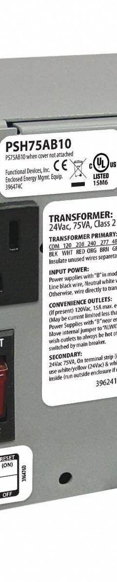 FUNCTIONAL DEVICES INC / RIB Class 2 Power Supply: 75 VA Power Rating, 24V AC, Circuit Breaker, Wall (MPN PSH75AB10). Key specifications — Brand: FUNCTIONAL DEVICES INC / RIB; Input Voltage: 120V AC; Includes On/Off Switch: Individual Output On/Off Switch; Mounting: Wall; Output Voltage: 24V AC; Wire Connection Type: Screw Terminals.