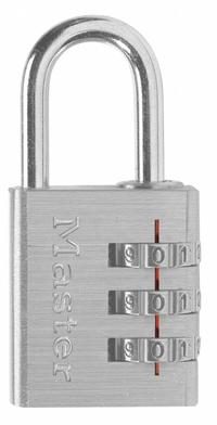 MASTER LOCK Combination Padlock: Scrolling Combo, Silver, Aluminum, Std Shackle, Steel Shackle (MPN 630D). Key specifications — Dial Color: Silver; Brand: MASTER LOCK.