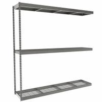 TENNSCO Boltless Shelving: Add-On, Heavy-Duty, 84 in x 18 in, 84 in Overall Ht, 3 Shelves, Steel (MPN ZLC7-8418A-3W). Key specifications — Finish: Powder Coated; Maximum Post Load Capacity: 13,000 lb with Beam Evenly Spaced at 24 in; Decking Material: Steel; Color: Gray; Beam Profile: Channel; Brand: TENNSCO; Side Panel: Closed (Starter); Open (Add-On).