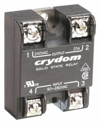 CRYDOM Solid State Relay: Surface Mounted, 25 A Max Output Current, SCR, AC Output (MPN A2425). Key specifications — Brand: CRYDOM; Current Type: AC; Electrical Connection: Screw Clamp; Finger Safe: No; Input Current: 10 mA; Maximum Output Current without Heat Sink: 11 A; Mounting Style: Panel; Output Voltage: 24 to 280V AC.
