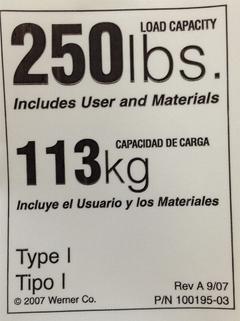 WERNER Duty Rating Label Replacement, 250 lb.: Fits Werner Brand (MPN LDR250). Key specifications — For Use With Grainger Item Number: 41D323; For Use With Mfr. Model Number: 560-3; Fits Brand: Werner; Product Type: Duty Rating Label Replacement, 250 lb.; Brand: WERNER.
