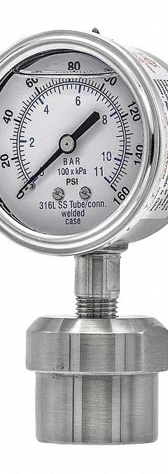 PIC GAUGES Pressure Gauge with Diaphragm Seal: 0 psi to 160 psi, 301L/0JJJ, 2 1/2 in Dial, Glycerin (MPN 301L254F/0JJJ100). Key specifications — Brand: PIC GAUGES; Gauge Case Liquid: None; Seal Fill Liquid: Glycerin; Seal Lower Housing Material: 316 Stainless Steel; Accuracy: ±2-1-2%; Gauge Wetted Parts: Stainless Steel.