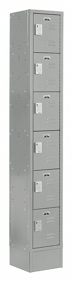 LOCKUP Box Locker: 12 in x 18 in x 82 in, 6 Tiers, 1 Units Wide, Louvered, Electronic Keypad, Gray (MPN LUPE-1W6T-LV1S-02-31-A). Key specifications — Locker Color: Gray; Door Type: Louvered; Brand: LOCKUP; Assembled: Assembled; Color Family: Gray.