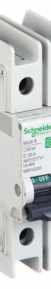 SCHNEIDER ELECTRIC IEC Miniature Circuit Breaker: 35 A Amps, 14kA at 120/240V AC, Screw Clamp, C60BP (MPN M9F43235). Key specifications — attr195863: Not Rated; attr211132: SCHNEIDER; attr195864: 14kA at 120/240V AC; attr195865: Screw Clamp; attr195867: 240/277/480V AC.