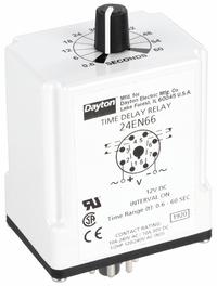 DAYTON Single Function Time Delay Relay: Socket Mounted, 12V DC, 10 A, 8 Pins/Terminals, Interval (MPN 24EN66). Key specifications — Brand: DAYTON.