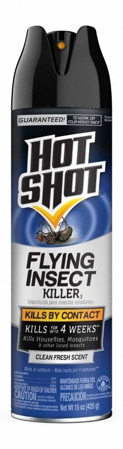HOT SHOT Flying Insect Killer: For Use On Flying Insects, Aerosol Spray Can, 15 oz Container Size (MPN HG-96310). Key specifications — Brand: HOT SHOT; Container Type: Aerosol Spray Can; DEET Concentration: DEET-Free; Form: Aerosol Spray; Indoor/Outdoor Use: Indoor/Outdoor; Insect Group: Flying; Targeted Insects: Flies.