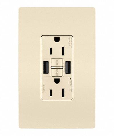 LEGRAND Receptacle: Duplex, 5-15R, 2 USB Ports, USB Type A, Light Almond, 125V AC - Weather-Resistant Receptacles with USB Chargers