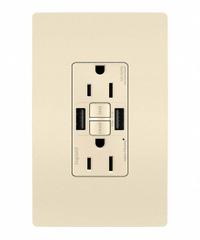 USB Receptacle: Duplex, 5-15R, 2 USB Ports, USB Type A, Light Almond, 125V AC, 15 A, GFCI (MPN 1597TRUSBAALA). Key specifications — Brand: LEGRAND.