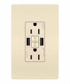 USB Receptacle: Duplex, 5-15R, 2 USB Ports, USB Type A, Light Almond, 125V AC, 15 A, GFCI (MPN 1597TRUSBAALA). Key specifications — Brand: LEGRAND.