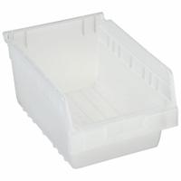 AKRO-MILS Shelf Bin: 11 5/8 in Overall Lg, 8 3/8 in x 6 in, Clear, Nesting Capable, Not Hangable (MPN 30080SCLAR). Key specifications — attr1179622: AKRO-MILS; attr1179611: 0%; attr1179616: 30080SCLAR; attr1179624: Dividers Not Included; attr1249172: Not Electrostatic Discharge Conductive.