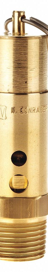 CONRADER Safety Valve: Hard Seat, 1/2 in (M)NPT Inlet (In.), 1/4 in (F)NPT Outlet (In.), Brass (MPN SRH375-1/2-CE-100). Key specifications — attr291993: Hard Seat; attr291998: Brass; attr292007: Stainless Steel; attr292009: Brass; attr294753: CONRADER.