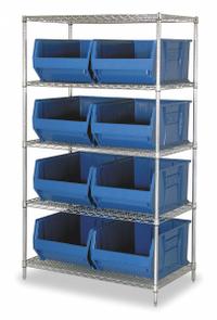 QUANTUM STORAGE SYSTEMS Bin Shelving: 42 in x 30 in x 74 in, 1 Sided, 8 Bins, Open, Blue, 5 Shelves (MPN WR5-975BL). Key specifications — Includes Bins: Yes; Bin Material: Polypropylene; Frame Color: Silver; Bin HxWxD: (8) 12 in x 18-1/4 in x 29-7/8 in; Frame Material: Steel; Bin Color: Blue; Bin Style: Hang and Stack; Brand: QUANTUM STORAGE SYSTEMS.