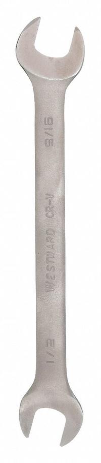 WESTWARD Open End Wrench: Alloy Steel, Satin, 1/2 in_9/16 in Head Size, 7 in Overall Lg, Std (MPN 1EYL5). Key specifications — attr309776: No; attr309781: Satin; attr309780: Alloy Steel; attr324939: WESTWARD.