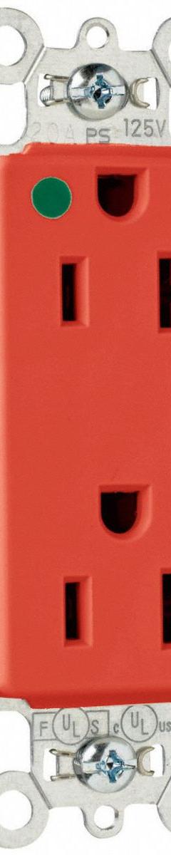 PASS & SEYMOUR Receptacle: Hospital Grade, Decorator Duplex, 5-20R, Red, 125V AC, 20 A (MPN PT26362HGRED). Key specifications — attr1367147: PASS & SEYMOUR.