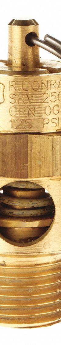 CONRADER Safety Valve: Soft Seat, 1/4 in (M)NPT Inlet (In.), 1/4 in (F)NPT Outlet (In.), Brass (MPN SRV250-14-75 SST). Key specifications — attr291993: Soft Seat; attr291998: Brass; attr292007: Silicone; attr292009: Brass; attr294753: CONRADER.