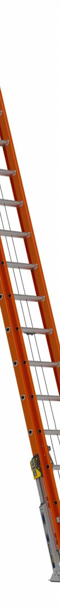 WERNER Extension Ladder: 32 ft Ladder Size, Fiberglass, 300 lb Load Capacity, 96 lb Wt, 2 Sections (MPN D6232-2CL). Key specifications — Color: Orange; Brand: WERNER; Included Features: Bubble Level; Removable Fly: Removable.