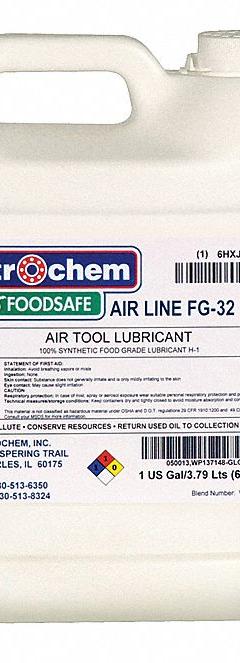 PETROCHEM Air Tool Oil: Synthetic, -67°F Min. Op Temp., 510°F Max. Op Temp., NSF H1, Food Grade, Can (MPN FOODSAFE AIR LINE FG-32-001). Key specifications — attr1321222: Synthetic; attr1321226: 10W; attr1321227: 140; attr1321244: PETROCHEM; attr1321245: Can.