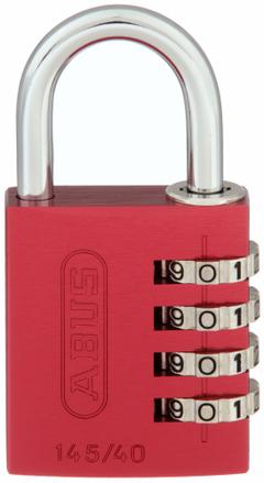 ABUS Combination Padlock: Scrolling Combo, Red, Aluminum, Std Shackle, Steel Shackle (MPN 145/40 Red). Key specifications — Dial Color: Silver; Brand: ABUS.
