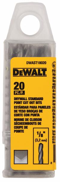 DEWALT Cut-Out Bit: High Speed Steel, 1/8 in Drill Bit Dia, 1 3/8 in Cutting Dp, 20 PK (MPN DWAST18020). Key specifications — attr1254788: DEWALT; attr1254791: High Speed Steel; attr1254800: Drywall.