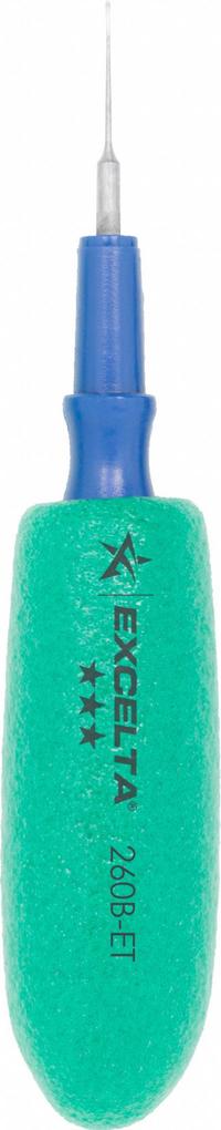 EXCELTA Mini-Spatula: 0.38 mm Tip Thick (MPN 260B-ET). Key specifications — attr1004944: EXCELTA; attr1016110: Carbon Steel; attr1016098: Miniature Oiler Spatula; attr1016111: Antimicrobial and Antistatic Ergonomic Grip.
