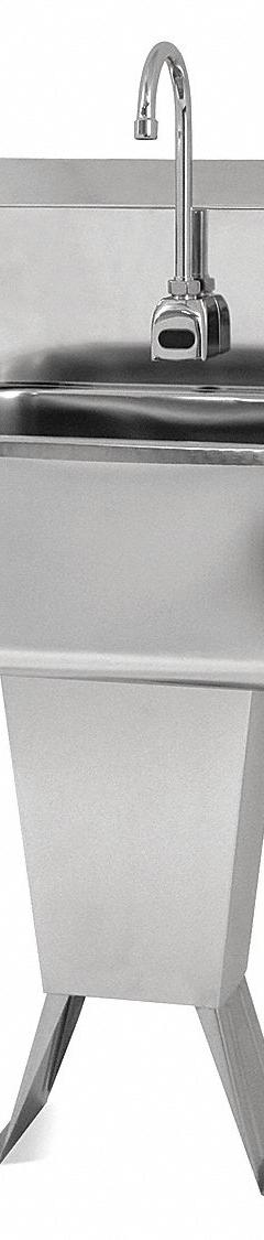 SANI-LAV Hands-Free Sink: 41 1/2 in Overall Ht, 19 in Bowl Lg, 10 in Bowl Dp, 2 gpm Flow Rate, 18 ga (MPN ESB2-521L). Key specifications — Includes Side Splash: Side Splash Not Included; Power Source: Battery Powered; Brand: SANI-LAV.