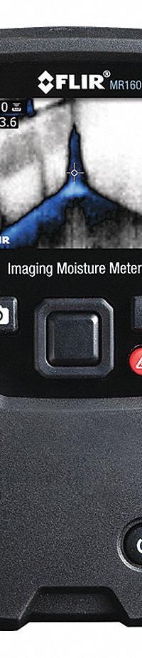 FLIR Moisture Meter: Digital, TFT LCD, Pin/Pinless, Micro USB/MR02 Pin Probe, Drywall/Plywood (MPN MR160). Key specifications — attr999354: Digital; attr1009284: Flat Pinless; attr1009272: Data Logging; attr999347: Plywood; attr999350: TFT LCD; attr999383: ±5%; attr999345: FLIR.